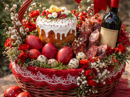 Великодній кошик у червоних тонах